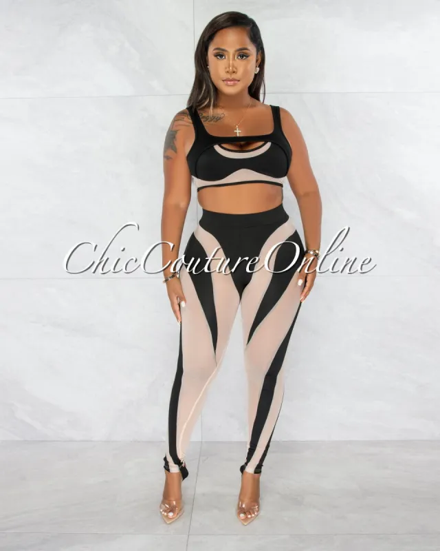 Janella Black Nude Mesh Details Crop Top & Leggings Set sold by chic