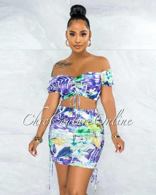 Almarine Purple Multi-Color Print Crop Top & Ruched Skirt Set sold by chic