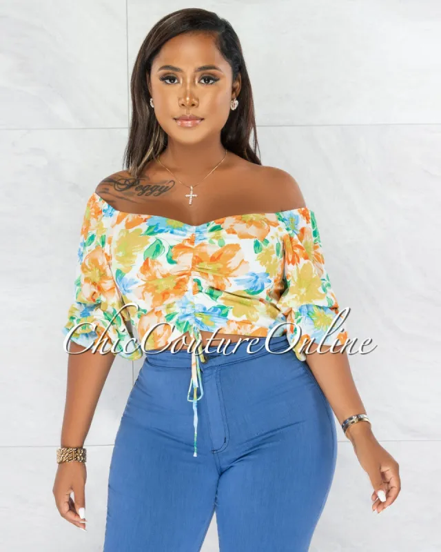 *Riley White Multi-Color Floral Draped Sleeves Crop Top sold by Chic Couture