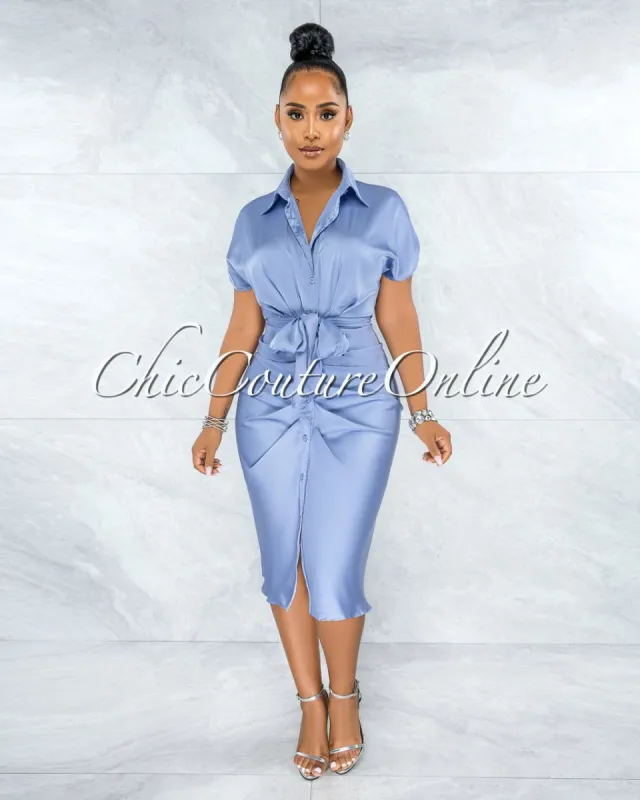 *Gustave Misty Blue Draped Front Tie Shirt Midi Satin Dress sold by chic