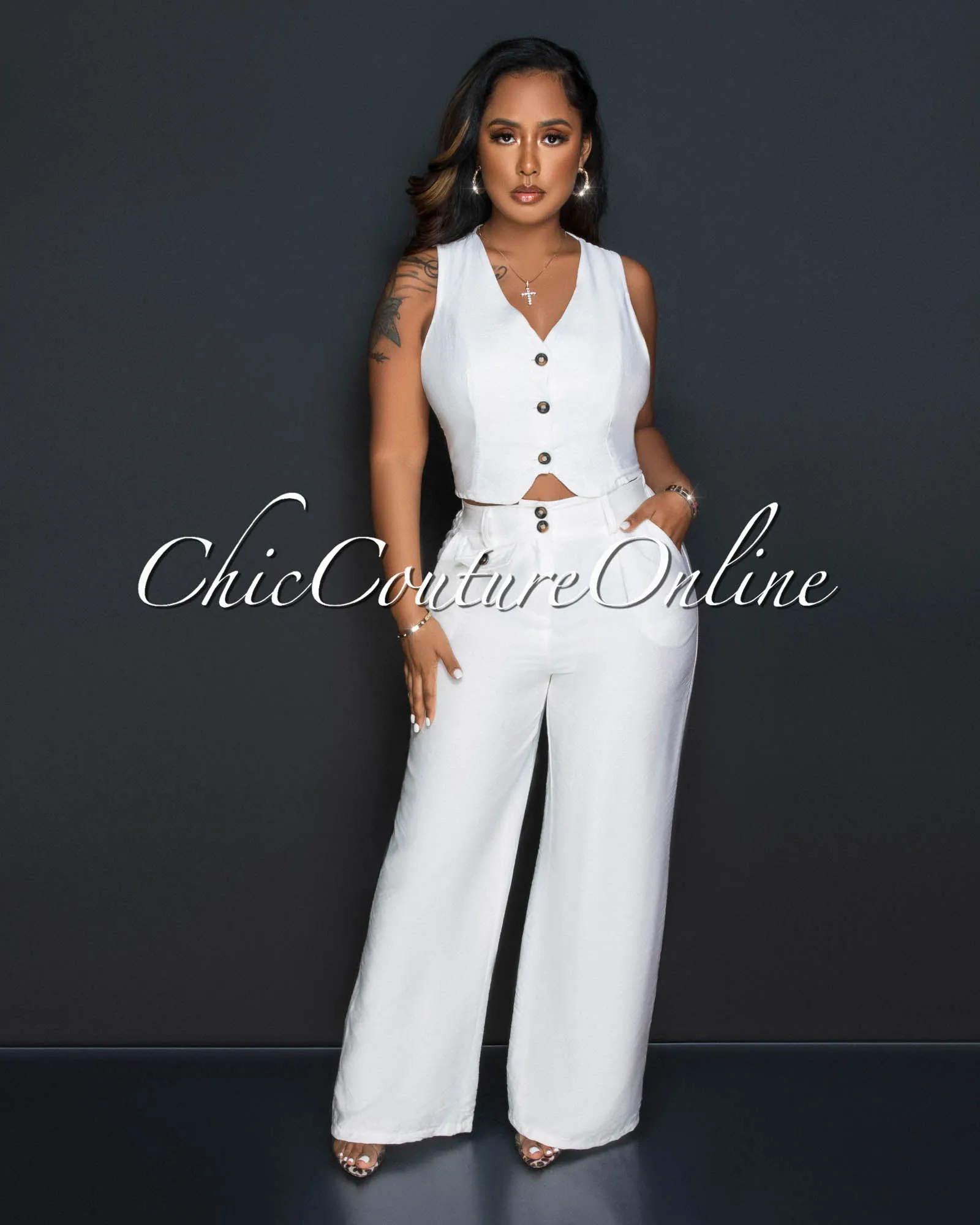 Orene Off-White Brown Buttons Crop Top & Wide Pants Set sold by Chic Couture product image thumbnail 2