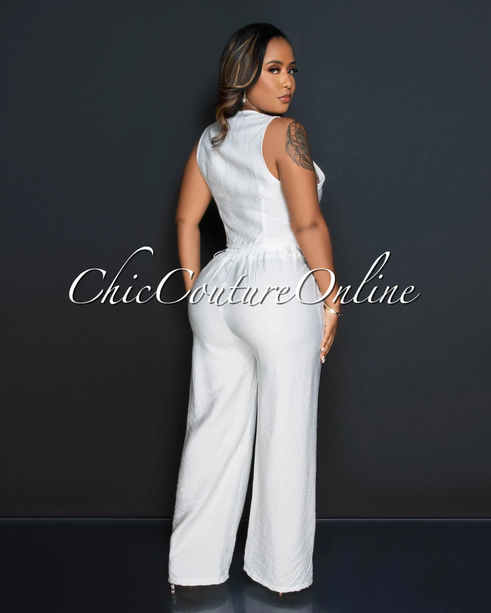 Orene Off-White Brown Buttons Crop Top & Wide Pants Set sold by Chic Couture product image thumbnail 3