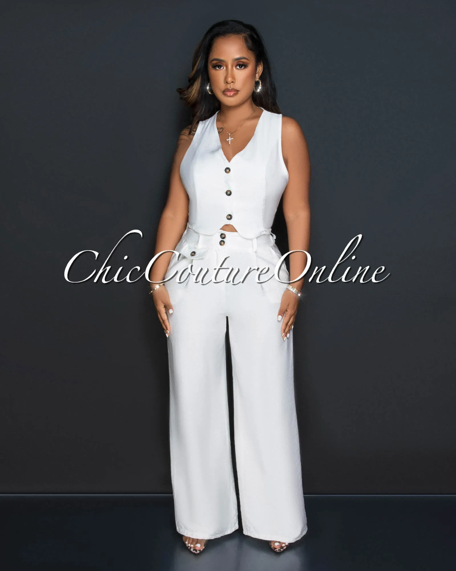 Orene Off-White Brown Buttons Crop Top & Wide Pants Set sold by Chic Couture