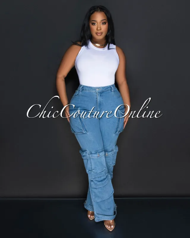 Marone Light Denim Wide Cargo Jeans sold by Chic Couture