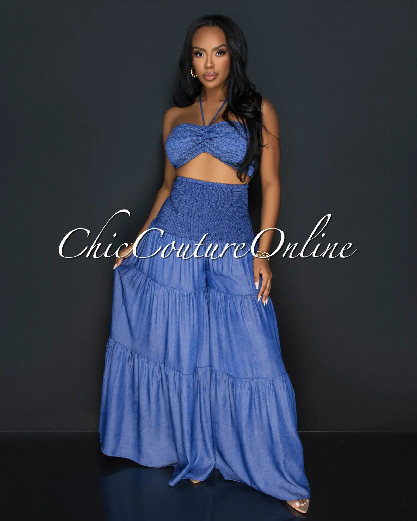 Sita Blue Halter Tube Top & Wide Pants Chambray Set sold by Chic Couture product image thumbnail 2