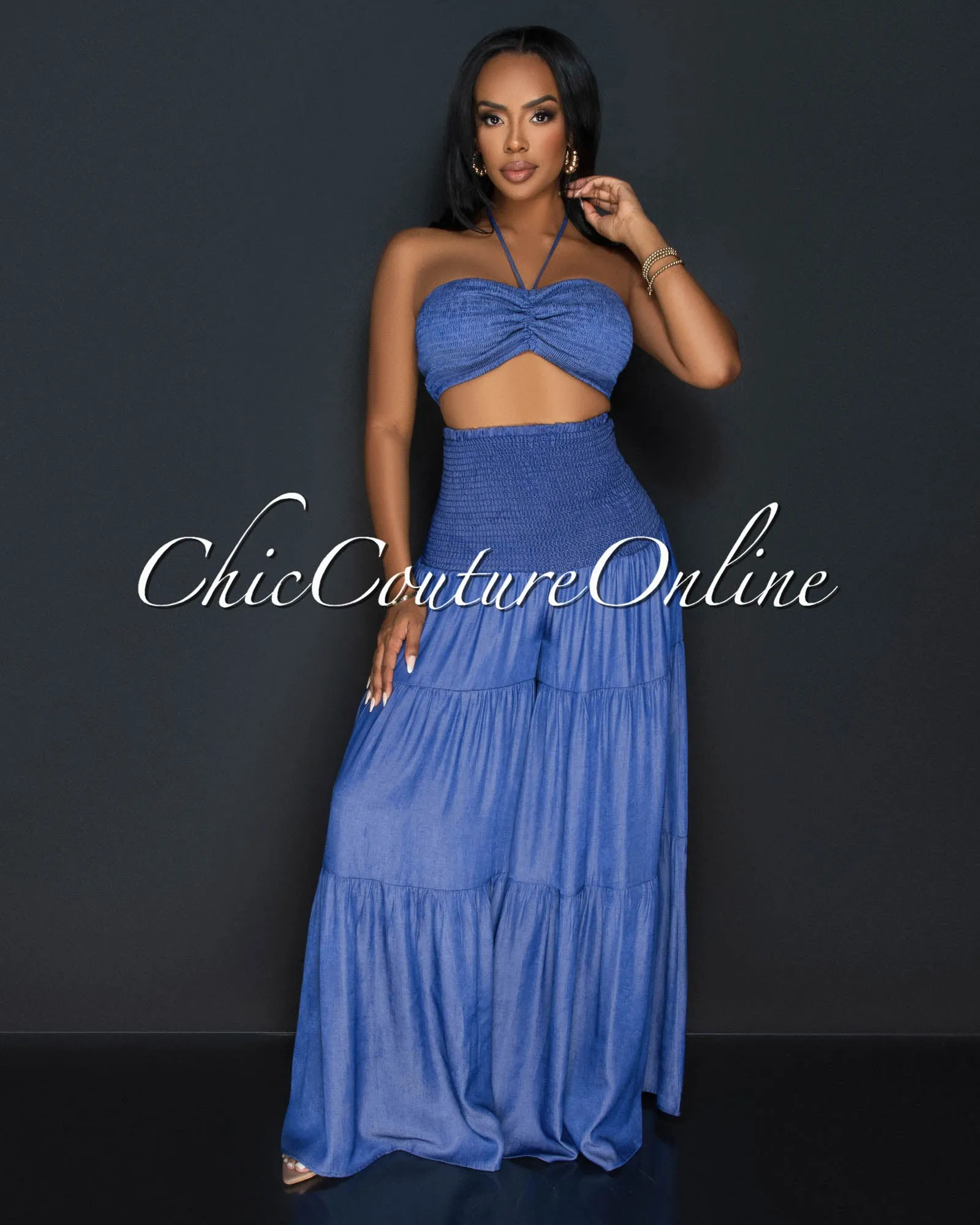 Sita Blue Halter Tube Top & Wide Pants Chambray Set sold by Chic Couture