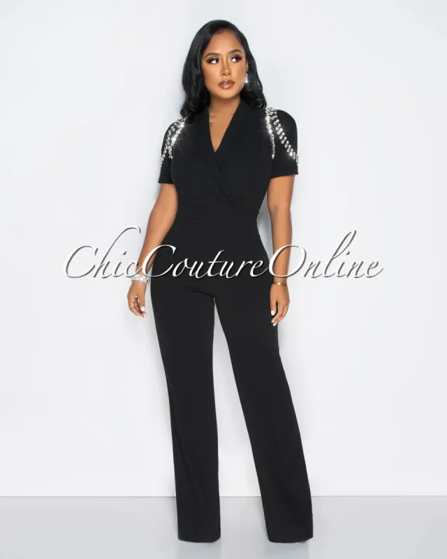Moise Black Rhinestones Shoulder Jumpsuit sold by Chic Couture