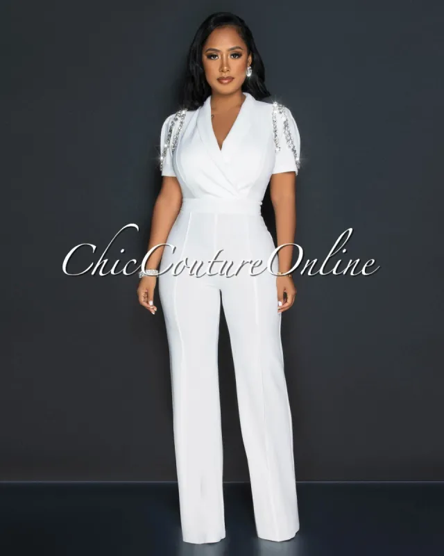 Moise Off-White Rhinestones Shoulder Jumpsuit sold by Chic Couture