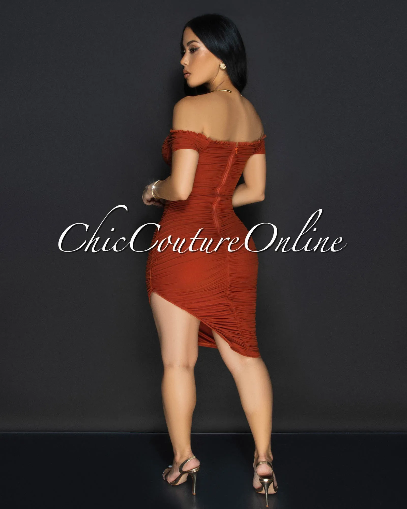 *Linna Cognac Ruched Off-The Shoulder Dress sold by Chic Couture product image thumbnail 4