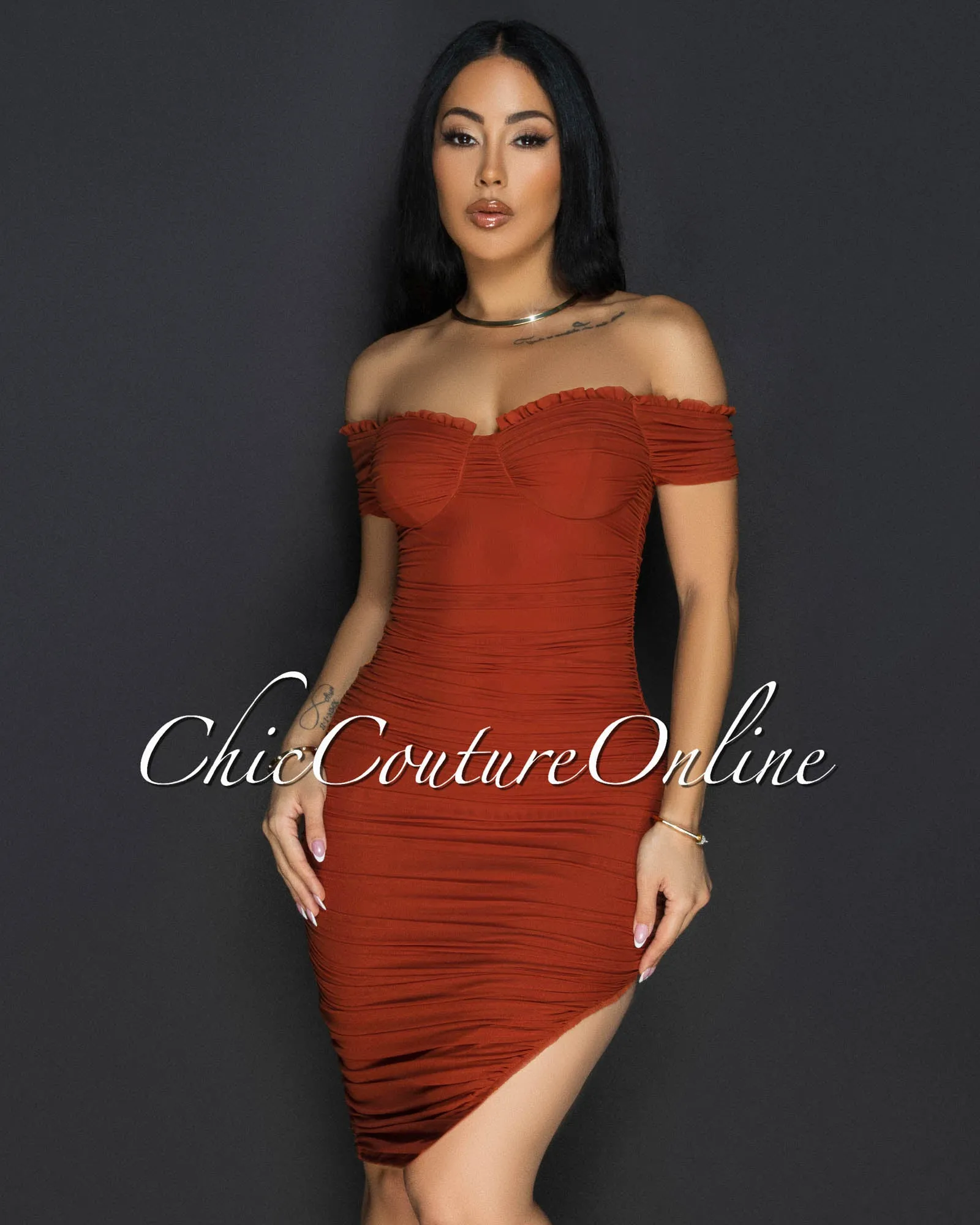 *Linna Cognac Ruched Off-The Shoulder Dress sold by Chic Couture product image thumbnail 3