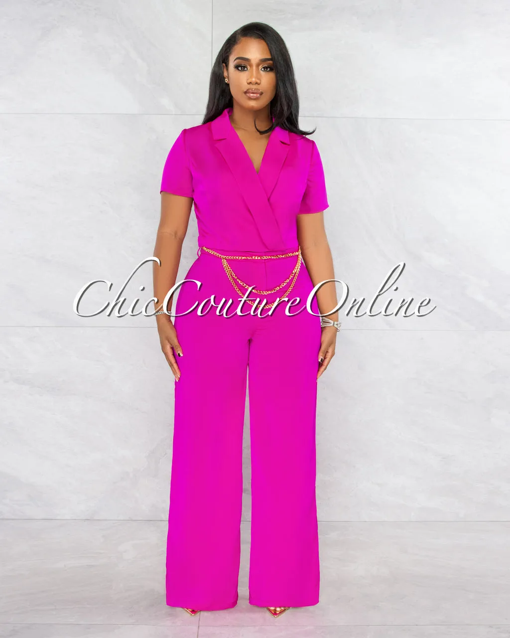 *Horatio Fuchsia Crop & Wide Pants Gold Link Belt Set sold by Chic Couture product image thumbnail 4