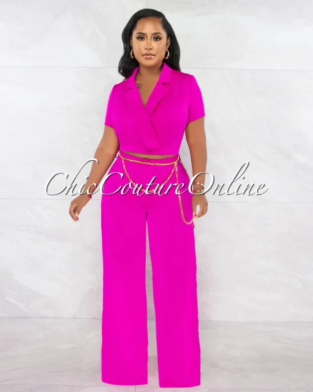 *Horatio Fuchsia Crop & Wide Pants Gold Link Belt Set sold by Chic Couture