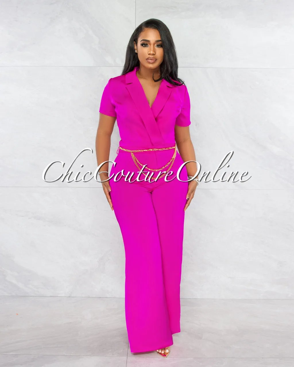 *Horatio Fuchsia Crop & Wide Pants Gold Link Belt Set sold by Chic Couture product image thumbnail 5