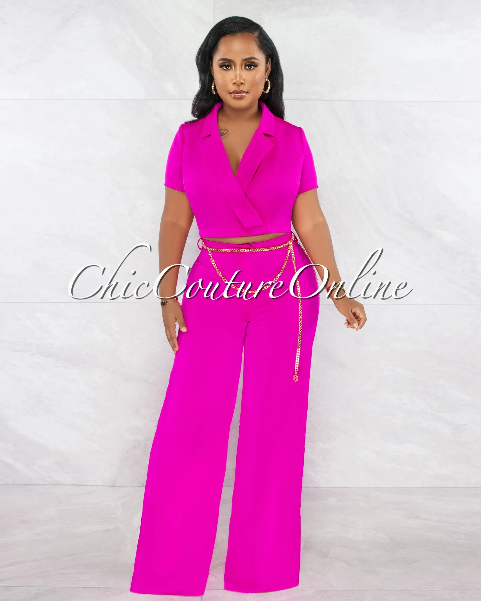 *Horatio Fuchsia Crop & Wide Pants Gold Link Belt Set sold by Chic Couture product image thumbnail 2