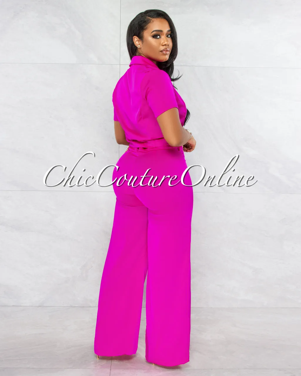 *Horatio Fuchsia Crop & Wide Pants Gold Link Belt Set sold by Chic Couture product image thumbnail 3