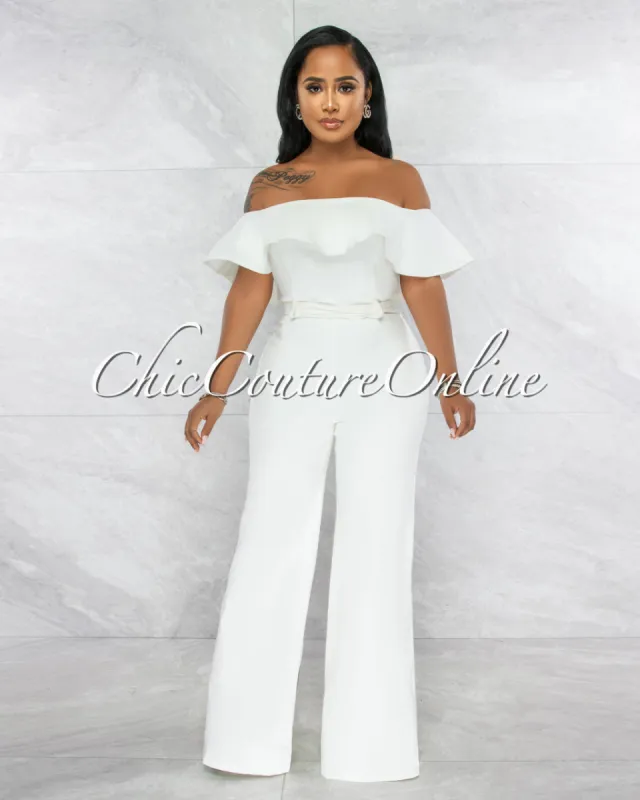 *Basler Off-White Denim Ruffle Off-The Shoulder Jumpsuit sold by Chic Couture
