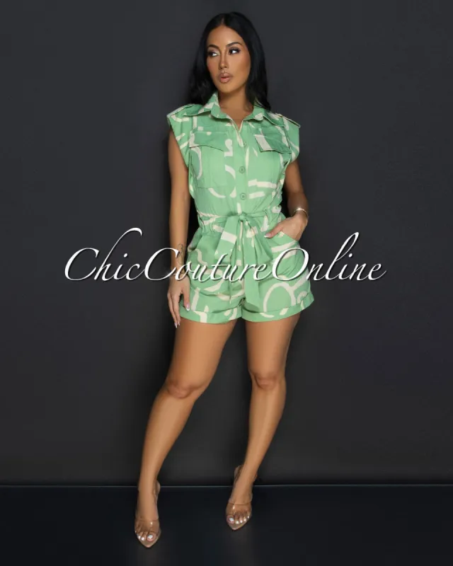 Mika Mint Green Ivory Cargo Romper sold by Chic Couture
