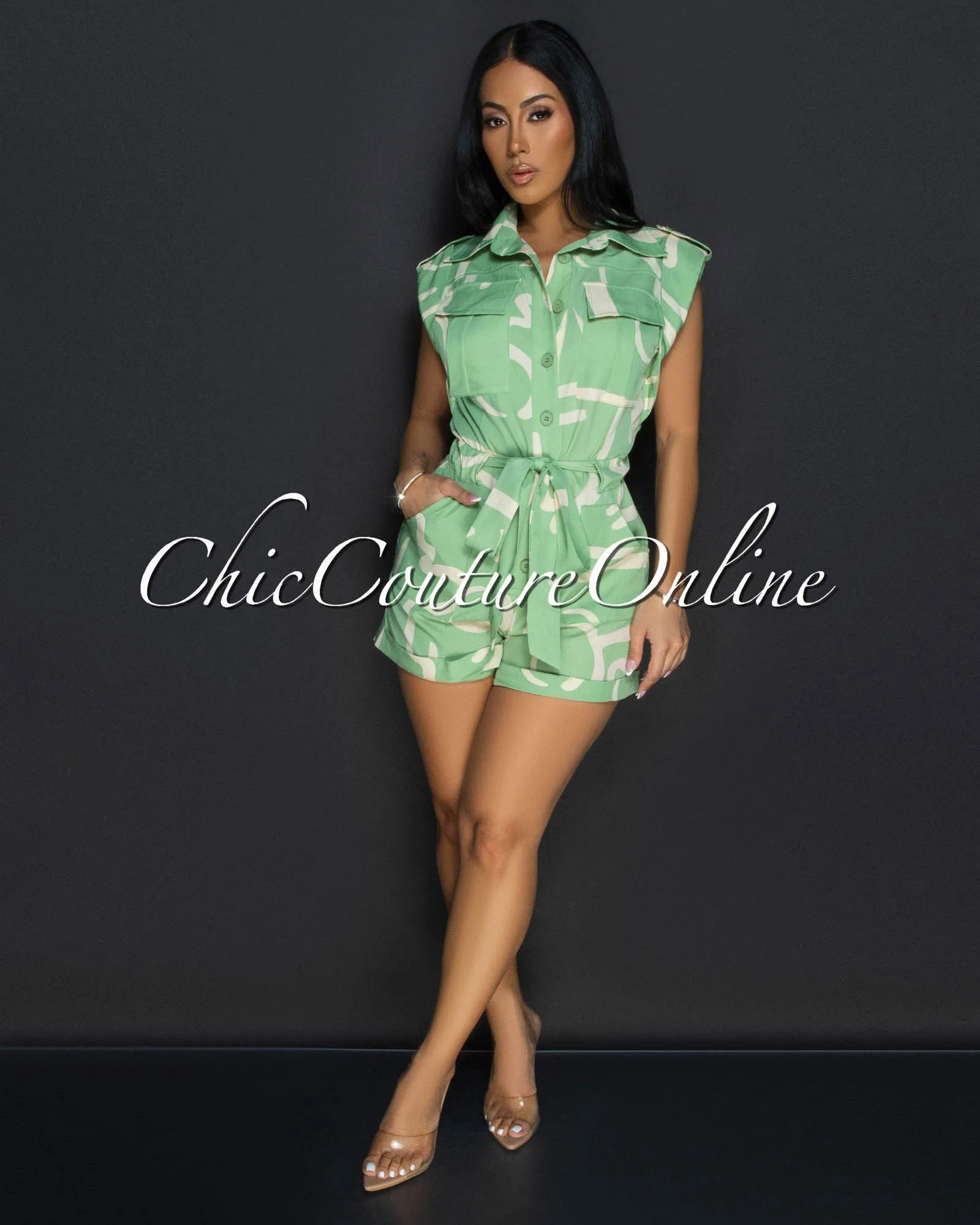 Mika Mint Green Ivory Cargo Romper sold by Chic Couture product image thumbnail 2