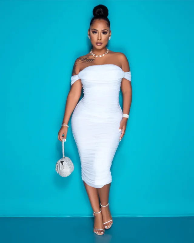 Becca White Mesh Overlay Ruched Off-The Shoulder Dress sold by Chic Couture