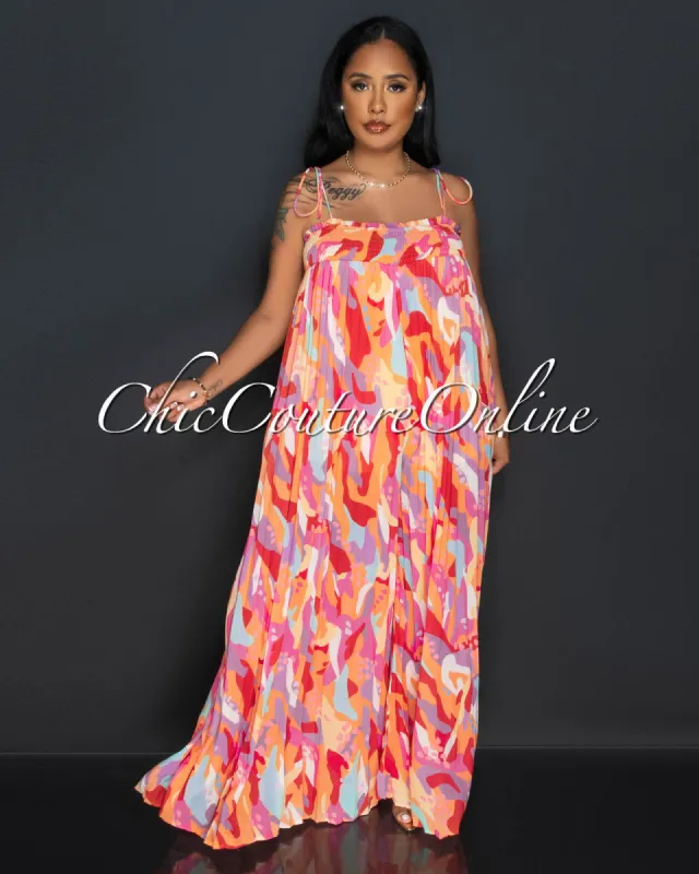 *Passie Pink Orange Print Wide Pleated Jumpsuit sold by Chic Couture