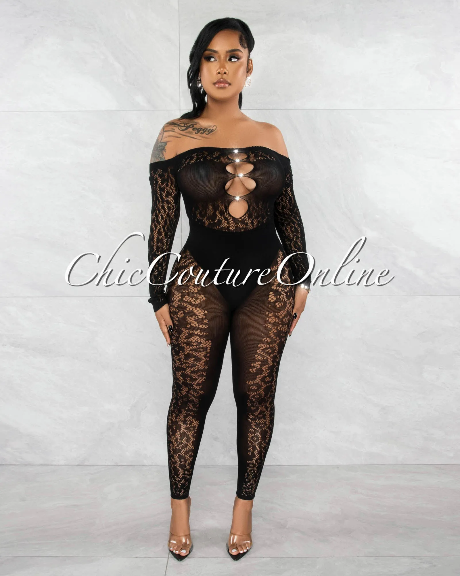 Meredia Black BodyCon Sheer Jumpsuit sold by Chic Couture