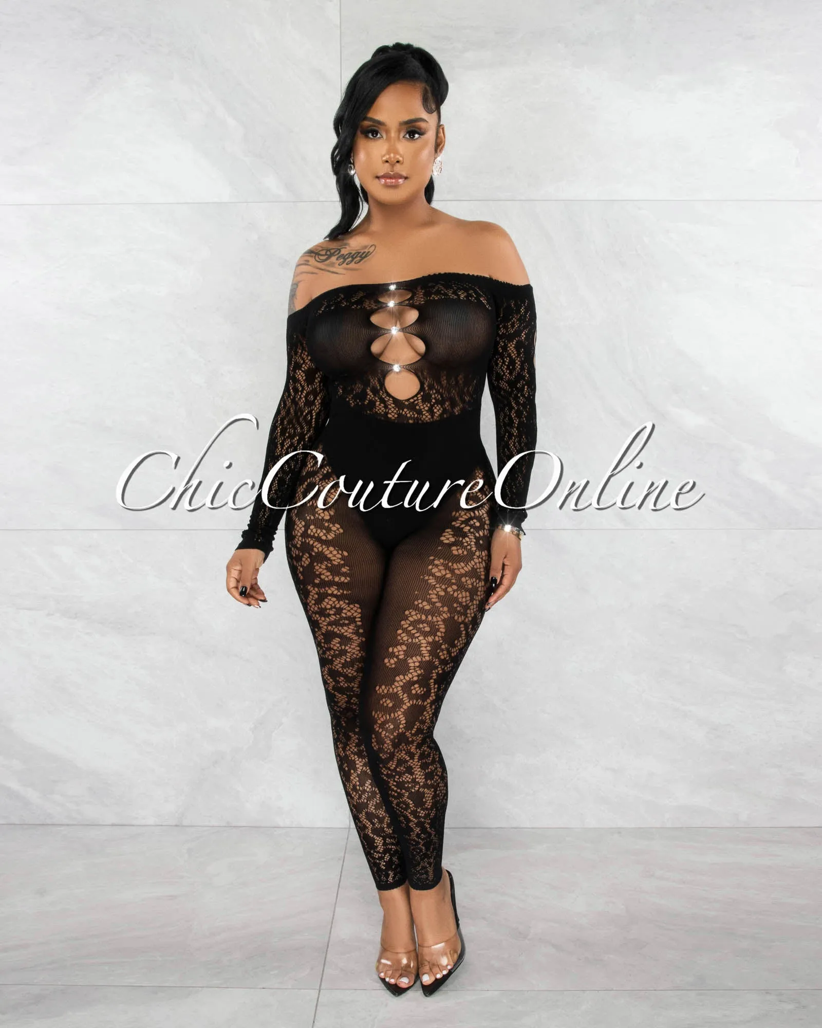 Meredia Black BodyCon Sheer Jumpsuit sold by Chic Couture product image thumbnail 2