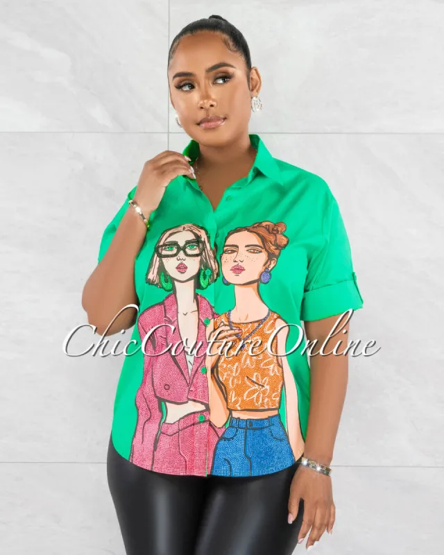 *Cathy Green Graphic Rhinestones Detail Over-Sized Shirt sold by Chic Couture