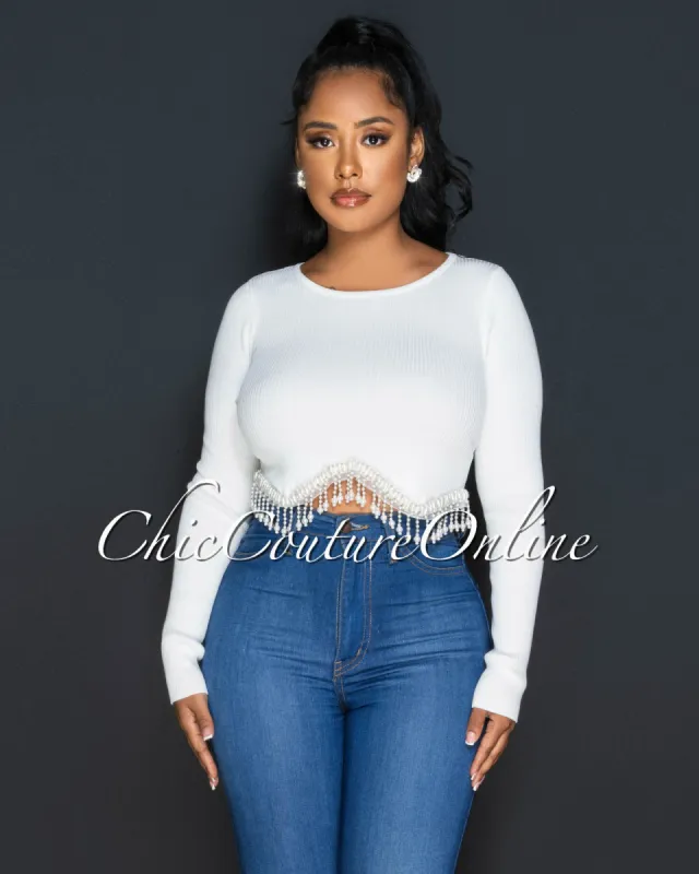 Erisa Off-White Pearl Fringe Ribbed Crop Top sold by Chic Couture