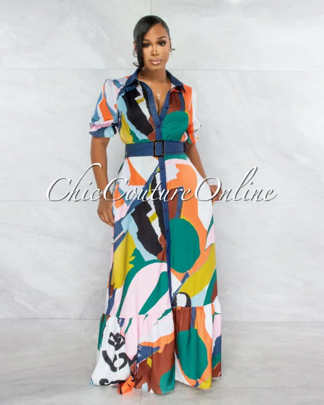 Aruba Multi-Color Print Belted Maxi Dress sold by Chic Couture