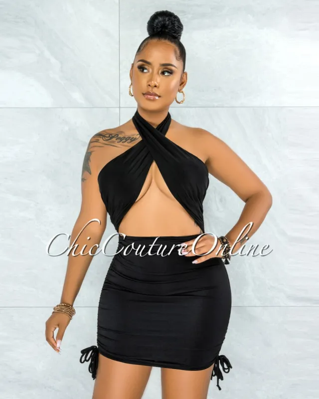 *Undine Black Halter Draped Ruched Mini Dress sold by chic