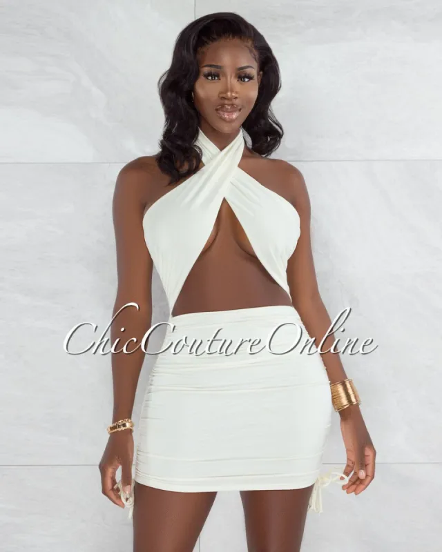 *Undine Off-White Halter Draped Ruched Mini Dress sold by chic