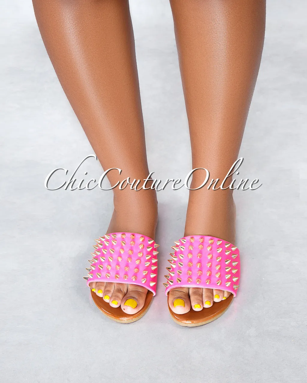 *Pazzle Neon Pink Gold Studs Upper Slides sold by Chic Couture product image thumbnail 3