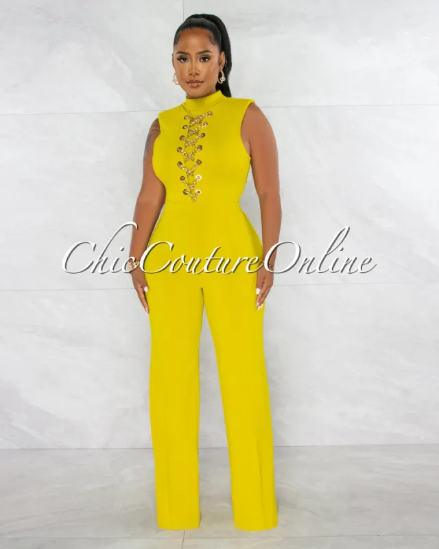 *Brandy Lime Green Gold Link Lace-Up Jumpsuit sold by Chic Couture
