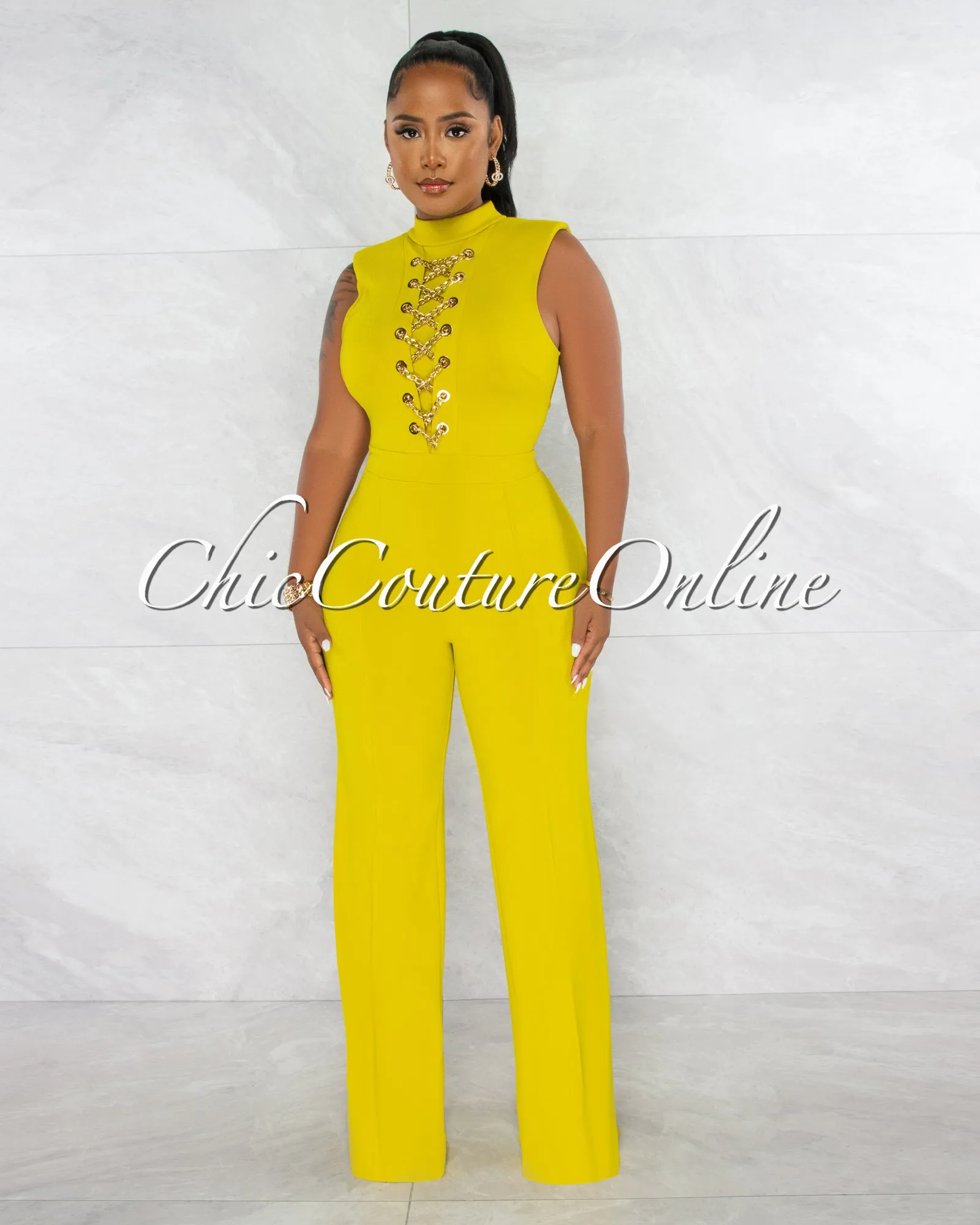 *Brandy Lime Green Gold Link Lace-Up Jumpsuit sold by Chic Couture