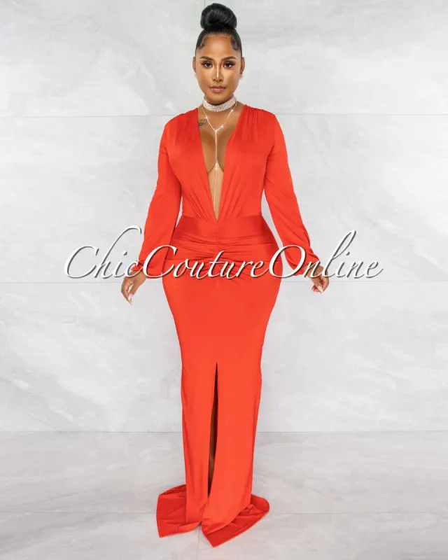 *Solada Orange Tomato V-Neck Front Draped Maxi Dress sold by Chic Couture