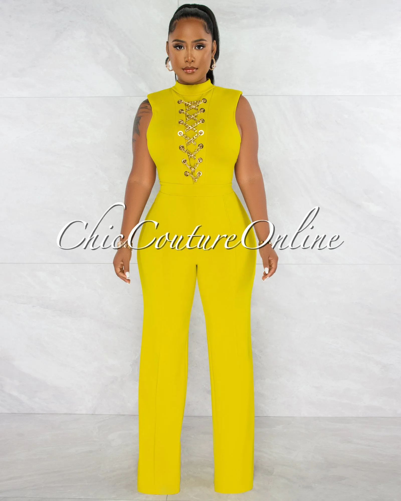 *Brandy Lime Green Gold Link Lace-Up Jumpsuit sold by Chic Couture product image thumbnail 2