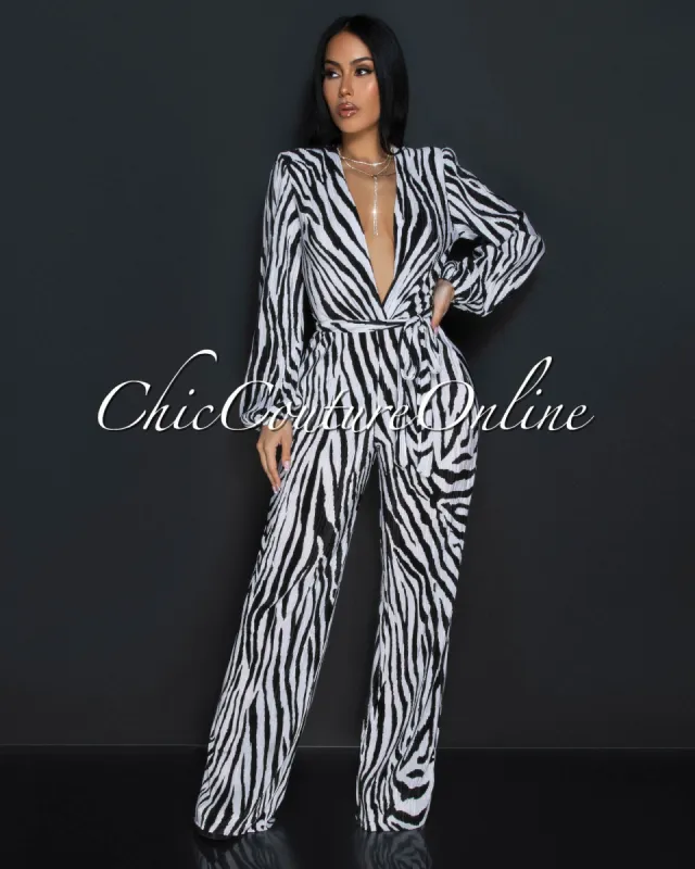 Jalia Black White Zebra Print Deep V-Neck Jumpsuit sold by Chic Couture