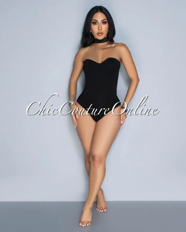 Lolana Black Mock Neckline Bustier Bodysuit sold by Chic Couture
