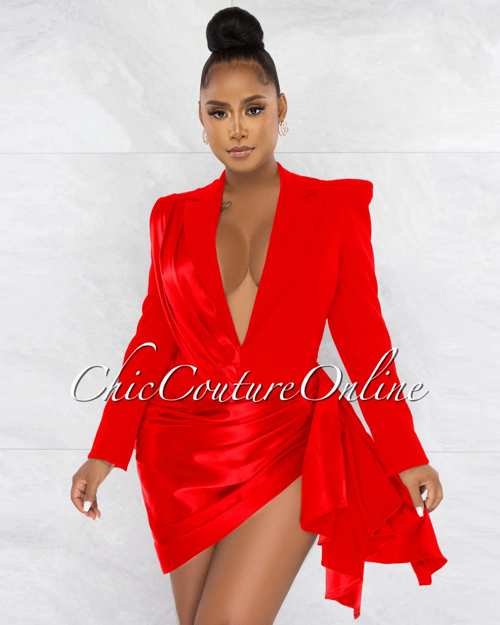 *Vilina Red Silky Draped Overlay Bodysuit Dress sold by Chic Couture product image thumbnail 4