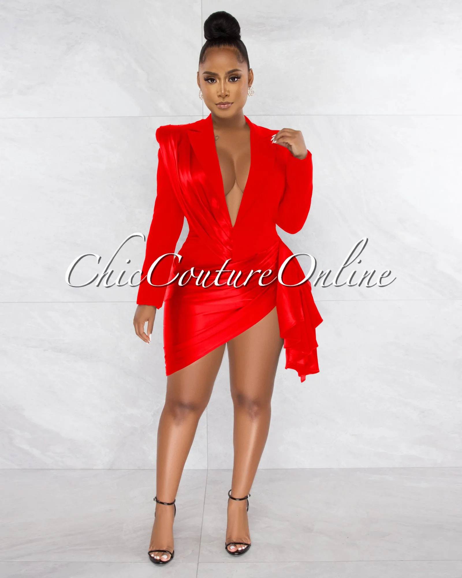 *Vilina Red Silky Draped Overlay Bodysuit Dress sold by Chic Couture product image thumbnail 2