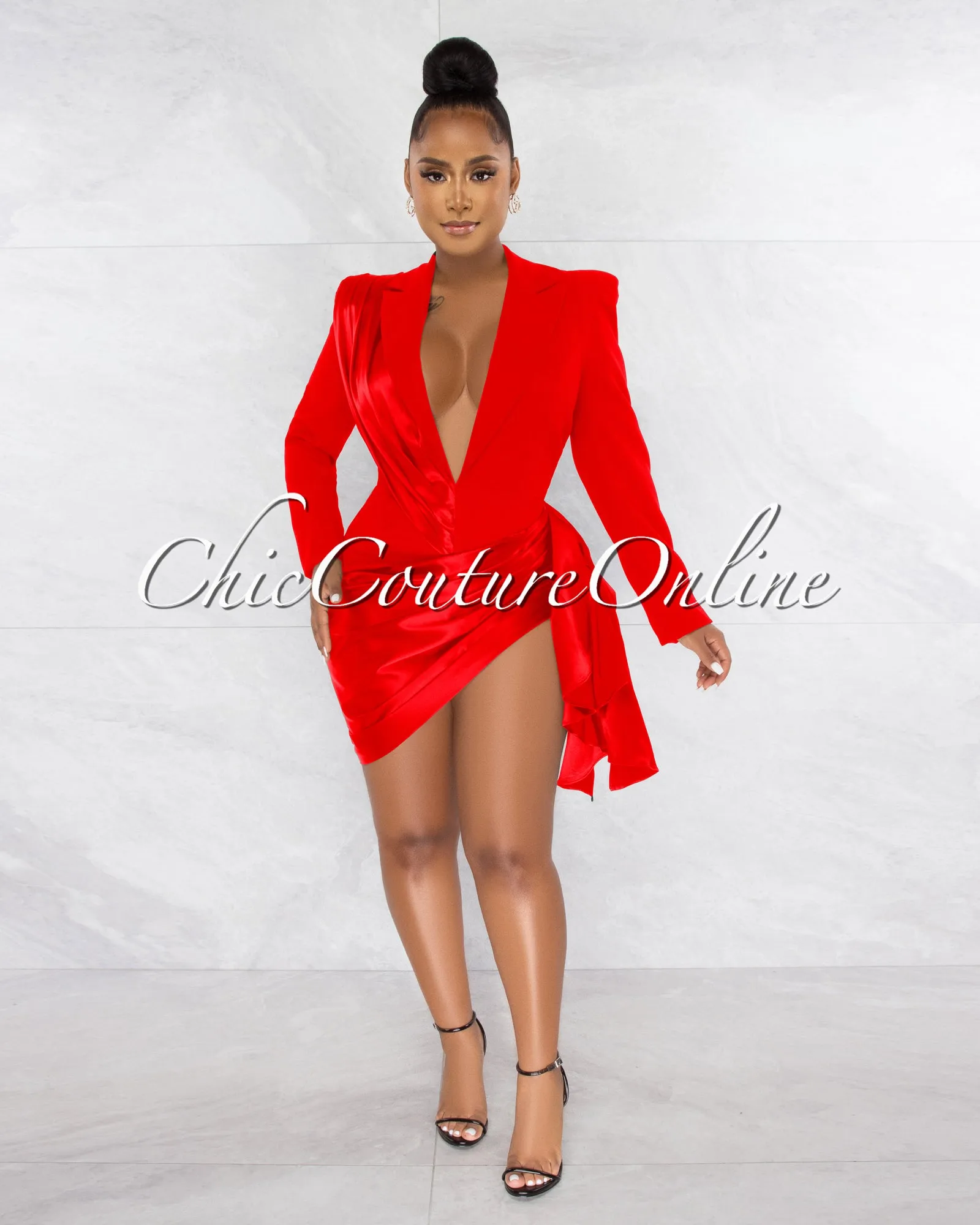 *Vilina Red Silky Draped Overlay Bodysuit Dress sold by Chic Couture