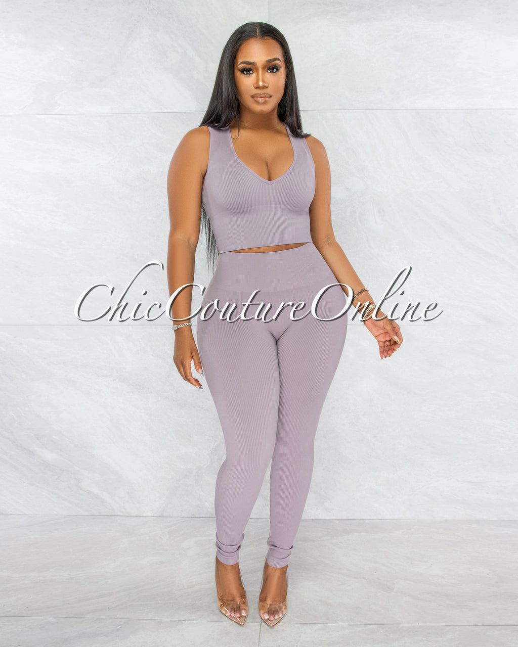 Leonette Dusty Mauve Ribbed SCULPTING Top & Leggings Set sold by Chic Couture product image thumbnail 2