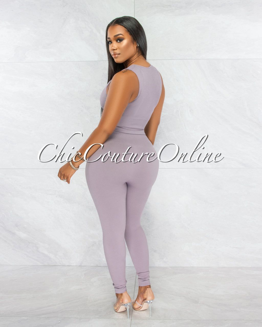 Leonette Dusty Mauve Ribbed SCULPTING Top & Leggings Set sold by Chic Couture product image thumbnail 3