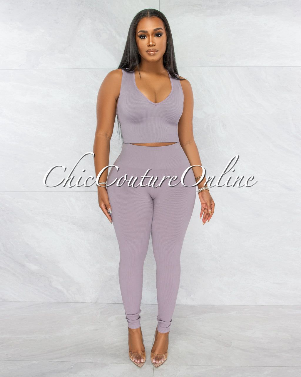 Leonette Dusty Mauve Ribbed SCULPTING Top & Leggings Set sold by Chic Couture