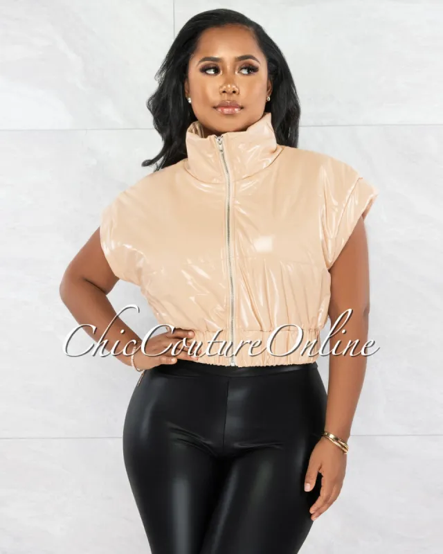 *Daryn Nude Patent Faux Leather Sleeveless Bomber Jacket sold by Chic Couture