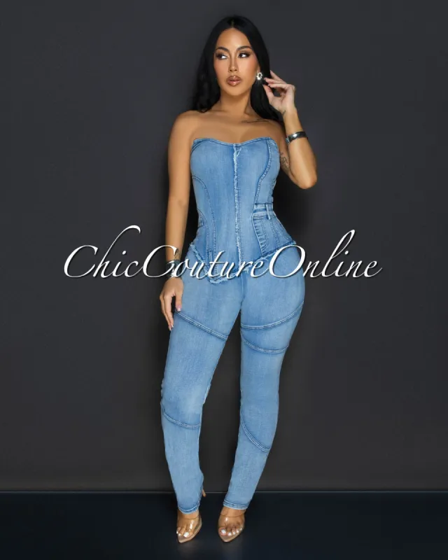 Enova Light Denim Stitched Strapless Jumpsuit sold by Chic Couture