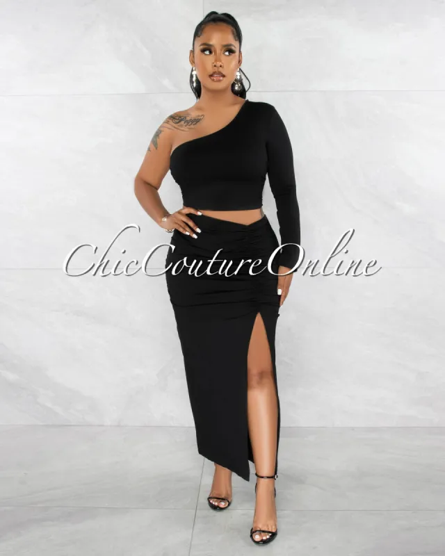 *Kranie Black Single Shoulder Crop Top & Ruched Maxi Skirt Set sold by Chic Couture