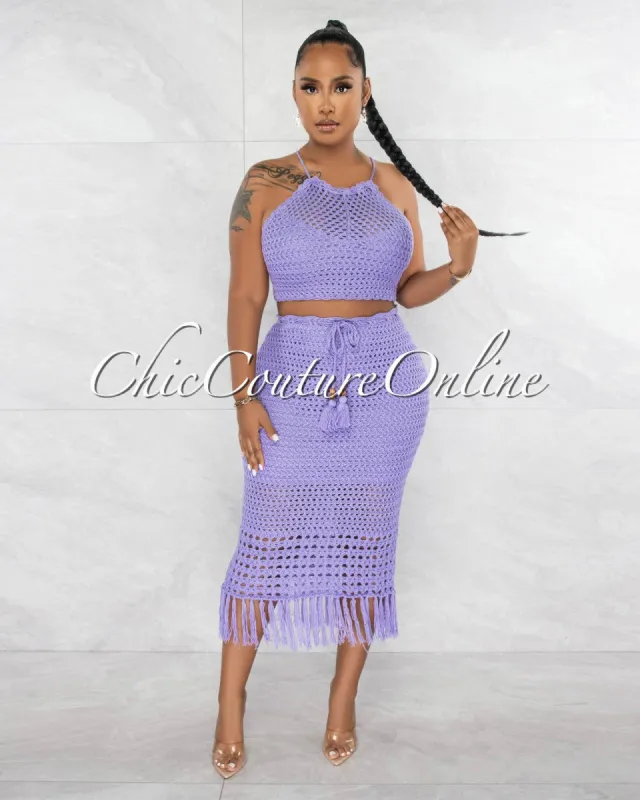Tavaris Lilac Crochet Halter Top & Tassels Skirt Set sold by chic