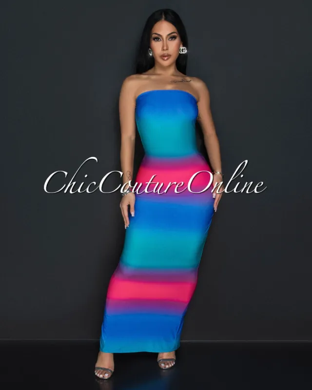 *Ozlem Fuchsia Blue Ruched Tube Maxi Dress sold by Chic Couture