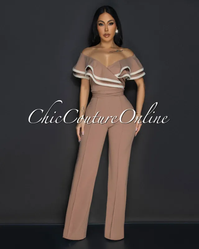 Mara Nude Beige Trim Ruffle Bust Jumpsuit sold by Chic Couture